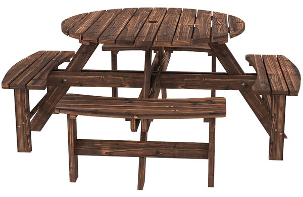 Outsunny Wooden Garden Dining Set, 8 Seater Patio Furniture Set with Round Picnic Table, Parasol Hole for Outdoor Garden, Tan