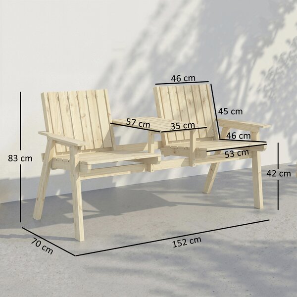 Outsunny 2-Seater Garden Loveseat with Table and Parasol Hole for Porch, Patio, Natural Wood Finish