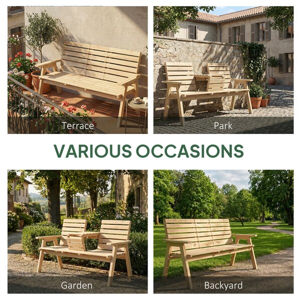 Outsunny Fir Wood Convertible 2 to 3 Seater Outdoor Garden Bench, Natural Wood Finish