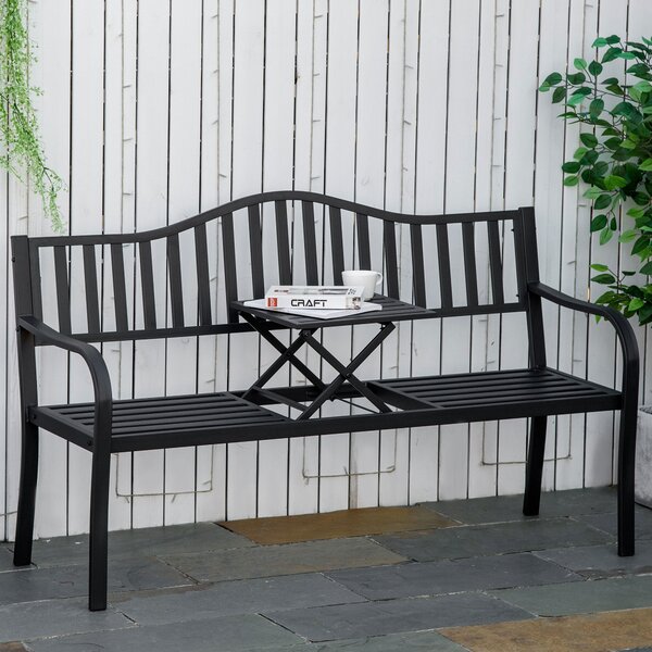 Outsunny Metal Outdoor Bench with Liftable Middle Table, Patio Loveseat, Garden Bench for Garden, Porch, Seats 2–3 People, Black