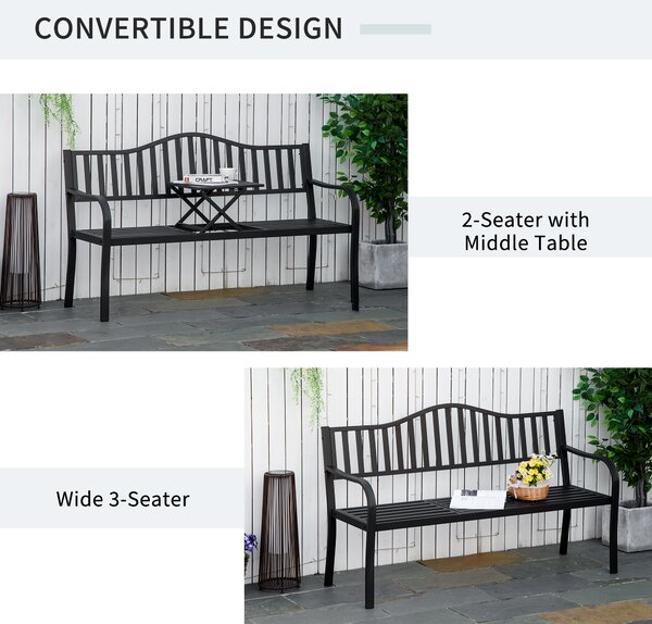 Outsunny Metal Outdoor Bench with Liftable Middle Table, Patio Loveseat, Garden Bench for Garden, Porch, Seats 2–3 People, Black