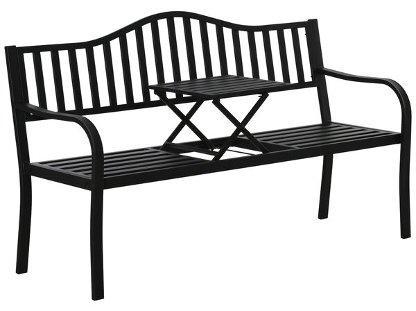Outsunny Metal Outdoor Bench with Liftable Middle Table, Patio Loveseat, Garden Bench for Garden, Porch, Seats 2–3 People, Black