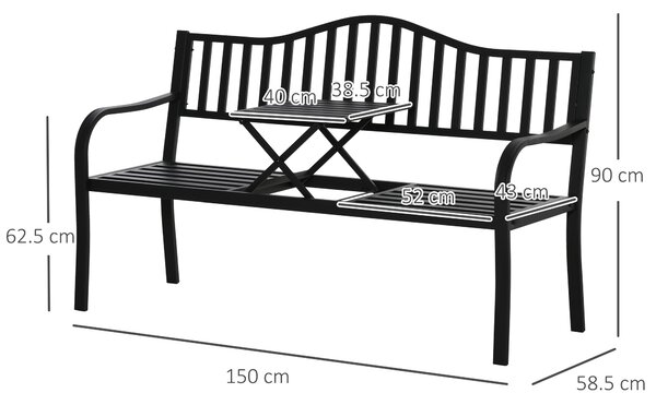 Outsunny Metal Outdoor Bench with Liftable Middle Table, Patio Loveseat, Garden Bench for Garden, Porch, Seats 2–3 People, Black
