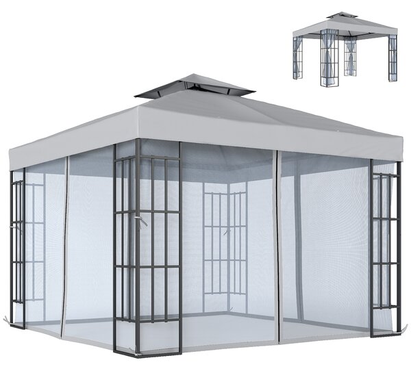 Outsunny 3 x 3(m) Patio Gazebo Canopy Garden Pavilion Tent Shelter with 2 Tier Roof and Mosquito Netting, Light Grey