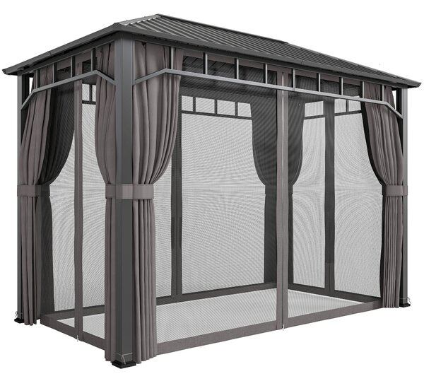 Outsunny 2 x 3.5 m Hardtop Gazebo with Galvanised Steel Roof, Waterproof Permanent Pavilion Garden Gazebo with Netting and Curtains for Patio, Deck, Dark Grey