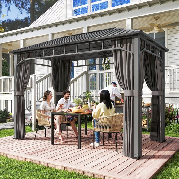 Outsunny 2 x 3.5 m Hardtop Gazebo with Galvanised Steel Roof, Waterproof Permanent Pavilion Garden Gazebo with Netting and Curtains for Patio, Deck, Dark Grey