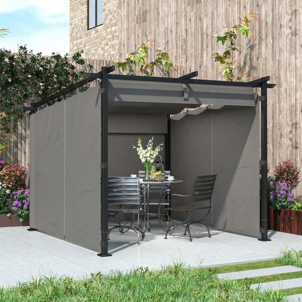 Outsunny 3 x 3 m Retractable Roof Pergola, with Curtains - Light Grey