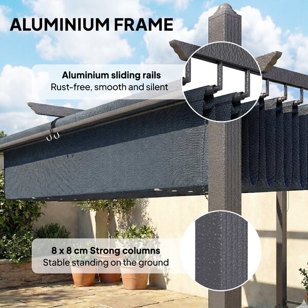 Outsunny 4 x 3 m Garden Pergola with Retractable Roof Canopy and Roll-Up Sides, Outdoor Gazebo Pergola Kit, Dark Grey