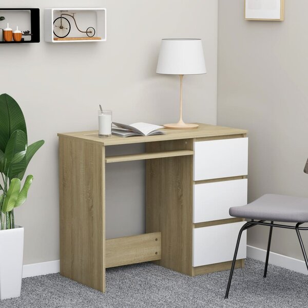 Desk White and Sonoma Oak 90x45x76 cm Engineered Wood