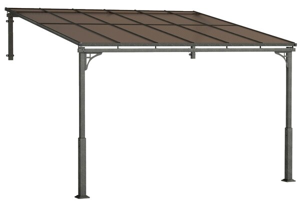 Outsunny 3.4 x 3 m Metal Lean-to Pergola, Wall-Mounted Garden Pergola with Polycarbonate Roof and Metal-Aluminium Frame, Heavy Duty Hardtop Gazebo for Outdoor Patios, BBQ, Brown