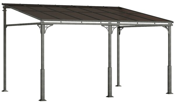Outsunny 4 x 3 m Metal Lean-to Pergola, Wall-Mounted Garden Pergola with Polycarbonate Roof and Metal-Aluminium Frame, Heavy Duty Hardtop Gazebo for Outdoor Patios, BBQ, Brown