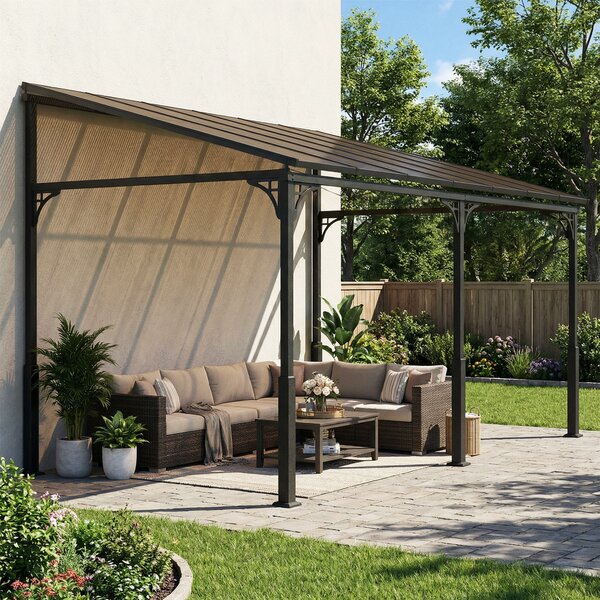 Outsunny 4 x 3 m Metal Lean-to Pergola, Wall-Mounted Garden Pergola with Polycarbonate Roof and Metal-Aluminium Frame, Heavy Duty Hardtop Gazebo for Outdoor Patios, BBQ, Brown