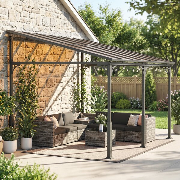 Outsunny 4 x 3 m Metal Lean-to Pergola, Wall-Mounted Garden Pergola with Polycarbonate Roof and Metal-Aluminium Frame, Heavy Duty Hardtop Gazebo for Outdoor Patios, BBQ, Brown