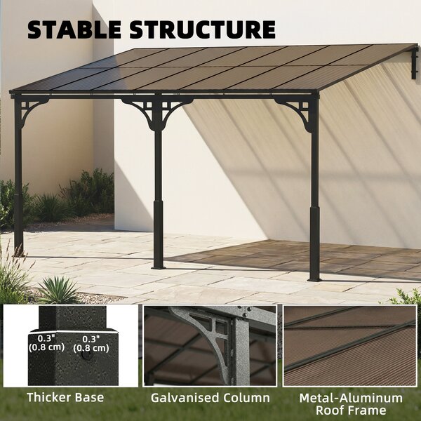 Outsunny 4 x 3 m Metal Lean-to Pergola, Wall-Mounted Garden Pergola with Polycarbonate Roof and Metal-Aluminium Frame, Heavy Duty Hardtop Gazebo for Outdoor Patios, BBQ, Brown