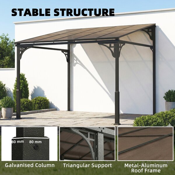 Outsunny 3 x 2.87 m Metal Lean-to Pergola, Wall-Mounted Hardtop Garden Pergola with Polycarbonate Roof and Metal-Aluminium Frame