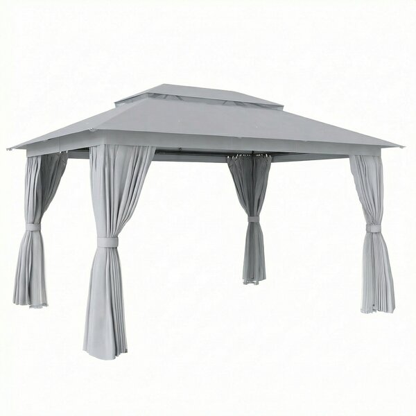 Outsunny 3 x 4 m Outdoor Garden Gazebo with Netting and Curtains, UPF50+ Patio Gazebo Permanent Pavilion Canopy, Dark Grey