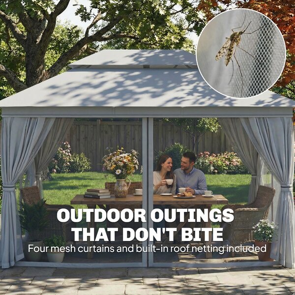 Outsunny 3 x 4 m Outdoor Garden Gazebo with Netting and Curtains, UPF50+ Patio Gazebo Permanent Pavilion Canopy, Dark Grey