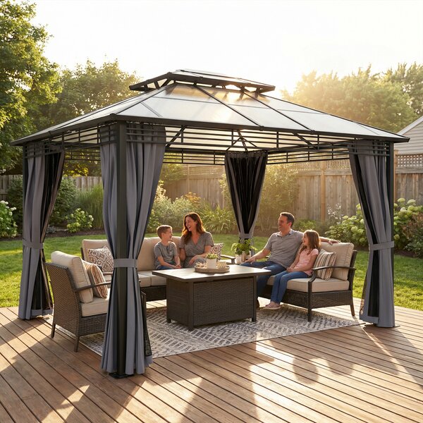 Outsunny 3 x 3.6 m Outdoor Hardtop Gazebo Canopy with 2-Tier Roof, Permanent Pavilion Garden Metal Gazebo with Sides, Dark Grey