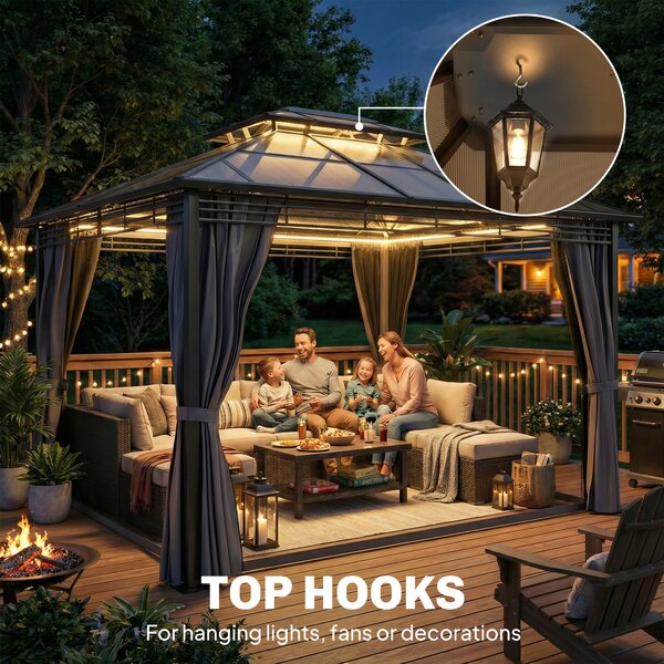 Outsunny 3 x 3.6 m Outdoor Hardtop Gazebo Canopy with 2-Tier Roof, Permanent Pavilion Garden Metal Gazebo with Sides, Dark Grey