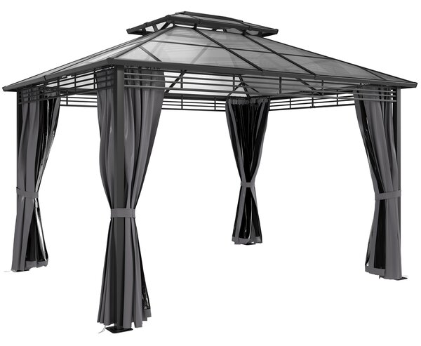 Outsunny 3 x 3.6 m Outdoor Hardtop Gazebo Canopy with 2-Tier Roof, Permanent Pavilion Garden Metal Gazebo with Sides, Dark Grey