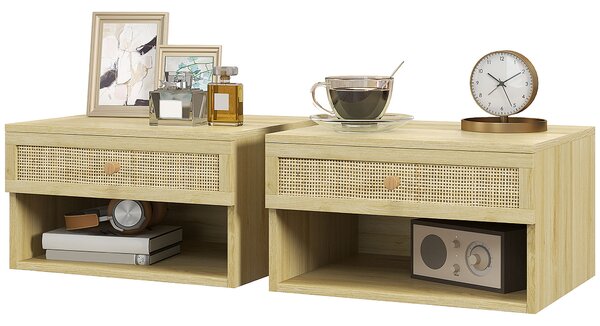 HOMCOM Set of Two Rattan Panel Floating Bedside Tables - Wood-Effect Aosom UK