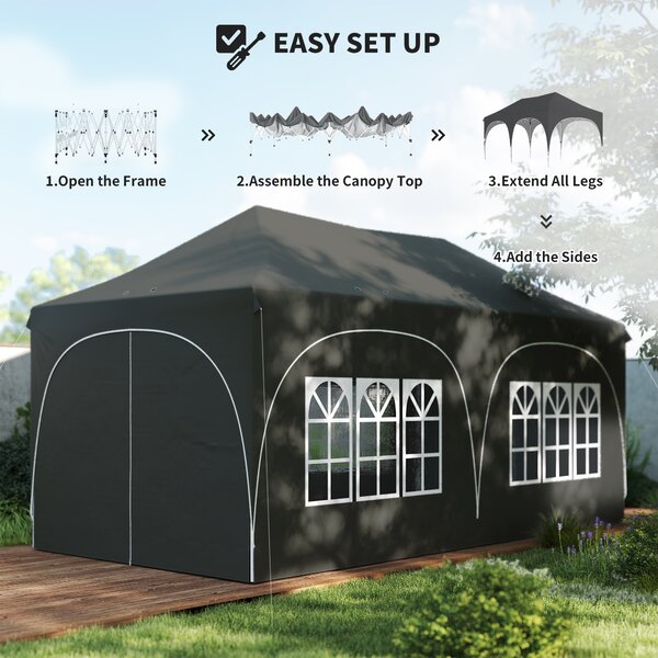 Outsunny 3 x 6m Pop Up Gazebo Shelter with Sides, 6 Sandbags, Peak Top Garden Party Tent Marquee with Carry Bag, Dark Grey