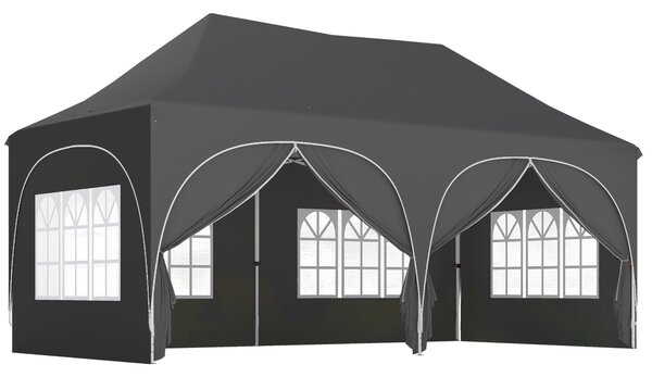 Outsunny 3 x 6m Pop Up Gazebo Shelter with Sides, 6 Sandbags, Peak Top Garden Party Tent Marquee with Carry Bag, Dark Grey