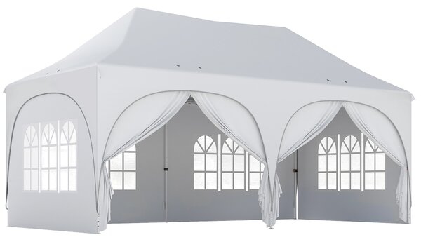 Outsunny 3 x 6m Pop Up Gazebo Shelter with Sides, 6 Sandbags, Peak Top Garden Party Tent Marquee with Carry Bag, Light Grey/White