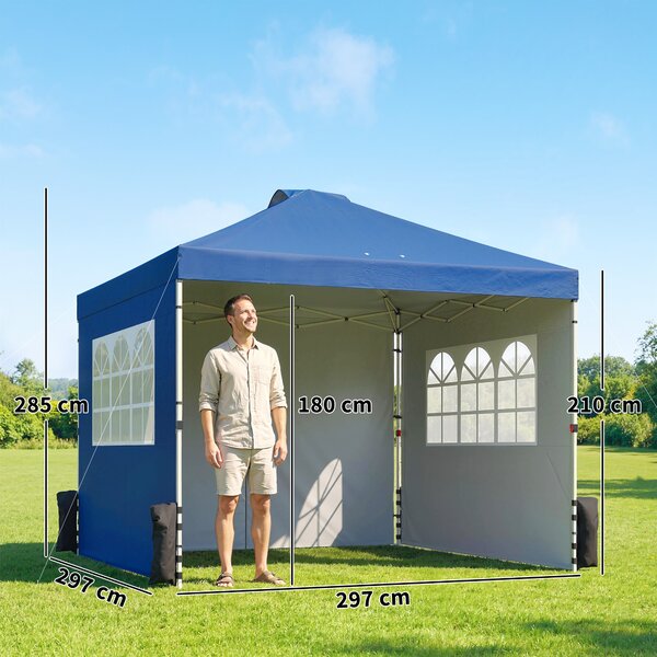 Outsunny Pop Up Canopy Waterproof Height Adjustable Gazebo with 3 Sidewalls Wheeled Bag for Parties 3 x 3 m Dark Blue