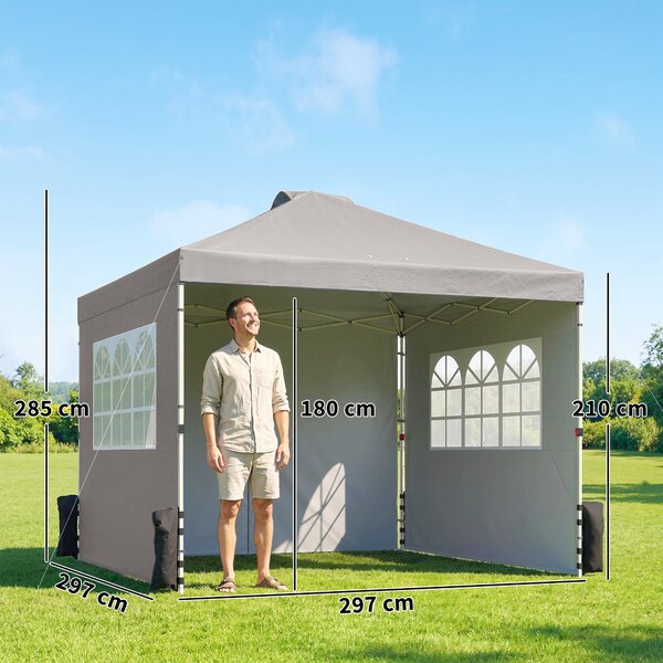 Outsunny Pop Up Canopy Waterproof Height Adjustable Gazebo with 3 Sidewalls Wheeled Bag for Parties 3 x 3 m Grey