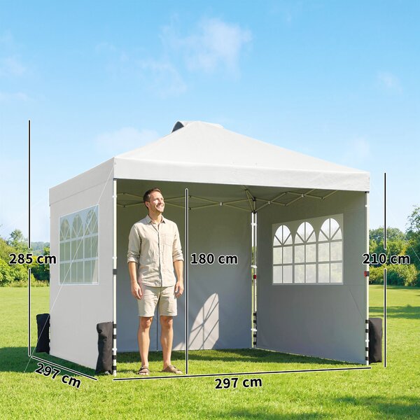 Outsunny Pop Up Canopy Waterproof Height Adjustable Gazebo with 3 Sidewalls Wheeled Bag for Parties 3 x 3 m White