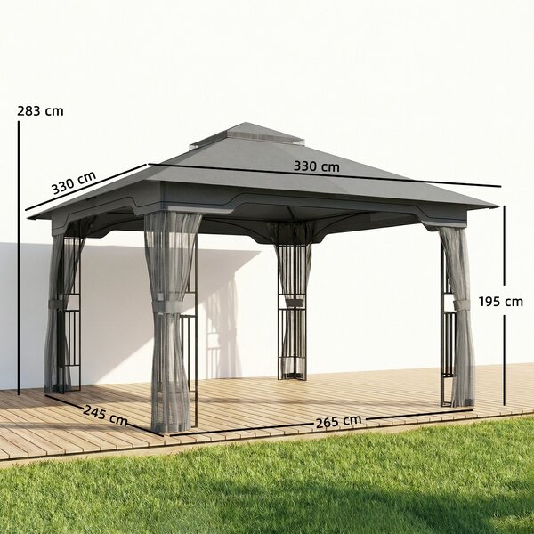 Outsunny 3.3 x 3.3 m Outdoor Garden Gazebo with Post Shelves, UPF50+ Patio Permanent Pavilion with Hook, Dark Grey