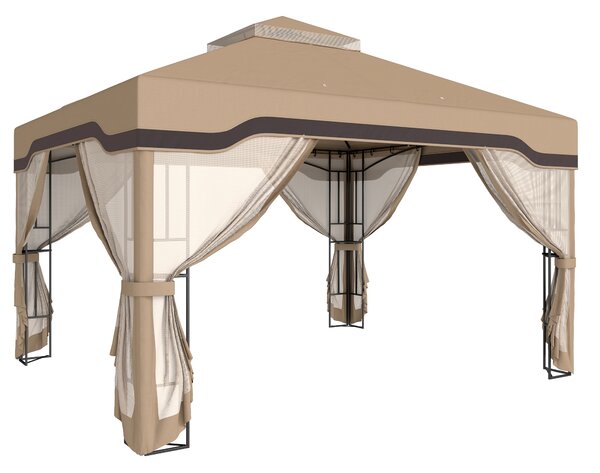 Outsunny 3 x 3.6 m Outdoor Garden Gazebo with Post Shelves, UPF50+ Patio Permanent Pavilion with Hook, Khaki