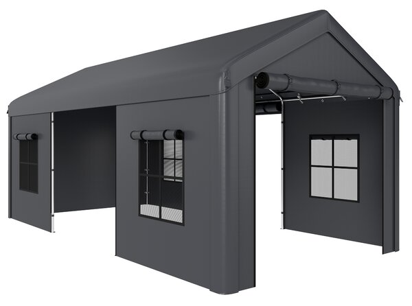 Outsunny 3 x 6 m Heavy Duty Carport, Portable Garage Car Canopy Tent with Galvanised Frame, Doors, Windows, Dark Grey