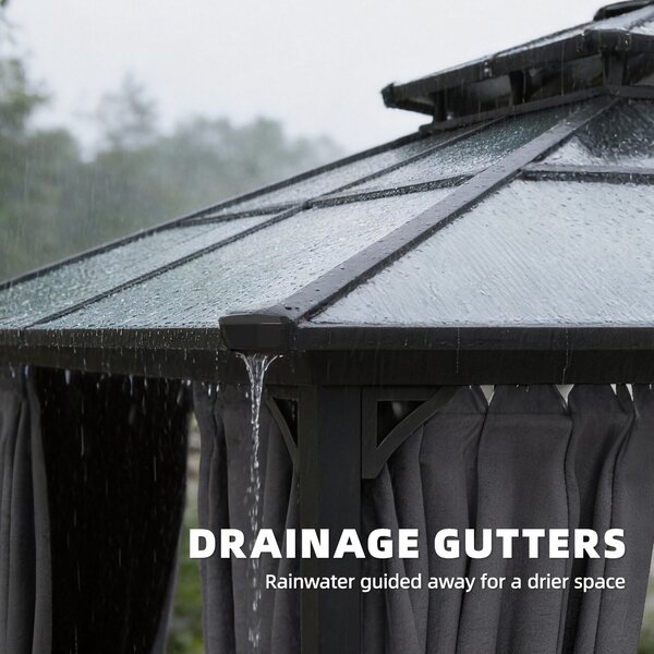 Outsunny 2.5 x 2.5 m Hardtop Gazebo Canopy with Double PC Roof, Drainage Gutters, Garden Gazebo Permanent Pavilion, Dark Grey