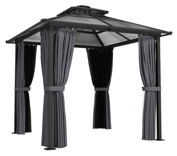 Outsunny 2.5 x 2.5 m Hardtop Gazebo Canopy with Double PC Roof, Drainage Gutters, Garden Gazebo Permanent Pavilion, Dark Grey