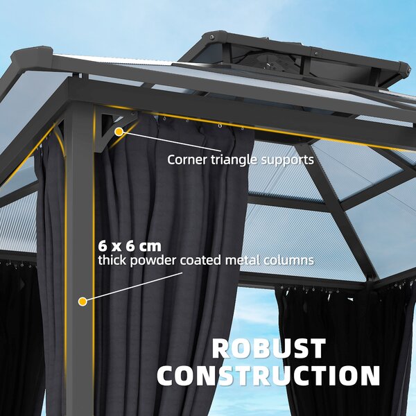 Outsunny 2.5 x 2.5 m Hardtop Gazebo Canopy with Double PC Roof, Drainage Gutters, Garden Gazebo Permanent Pavilion, Dark Grey