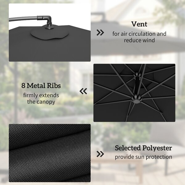 Outsunny 3m Overhanging Cantilever Parasol, with Cross Base - Black
