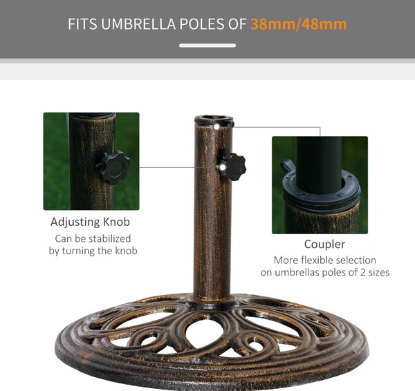 Outsunny 11.5 kg Cast Metal Round Patio Umbrella Base Stand, Umbrella Holder for Outdoor, Patio, Garden, Bronze Tone