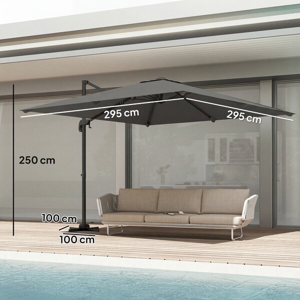 Outsunny 3 x 3 m Cantilever Parasol, Square Patio Umbrella with Crank Handle, Cross Base, Tilt, 360° Rotation, Dark Grey
