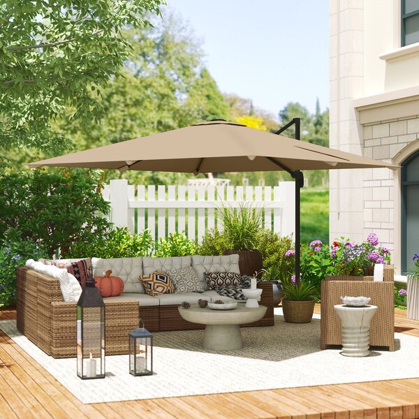 Outsunny 3 x 3 m Cantilever Parasol, Square Patio Umbrella with Crank Handle, Cross Base, Tilt, 360° Rotation, Khaki