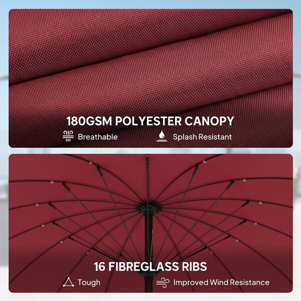 Outsunny 2 m Shanghai Garden Parasol Umbrella with 16 Fibreglass Ribs, Outdoor Parasol Sun Shade with Crank & Tilt, Wine Red