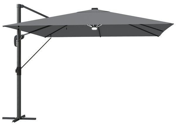 Outsunny 3 x 3 m Garden Cantilever Parasol with Light, Cover, Overhanging Umbrella w/ Wind Protection, 360° Rotation, Light Grey