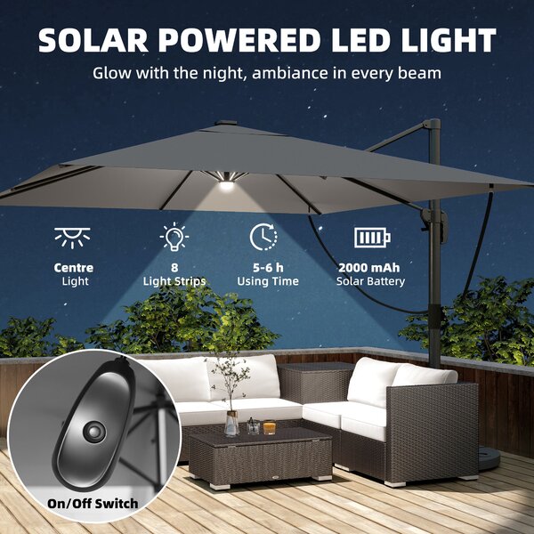 Outsunny 3 x 3 m Garden Cantilever Parasol with Light, Cover, Overhanging Umbrella w/ Wind Protection, 360° Rotation, Light Grey
