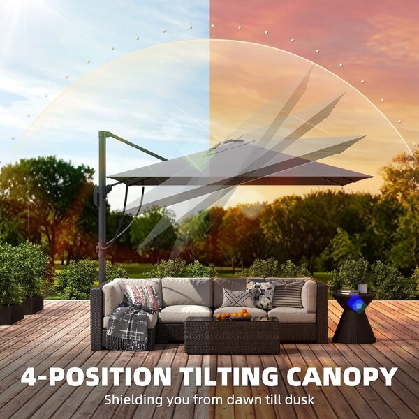 Outsunny 3 x 3 m Garden Cantilever Parasol with Light, Cover, Overhanging Umbrella w/ Wind Protection, 360° Rotation, Light Grey