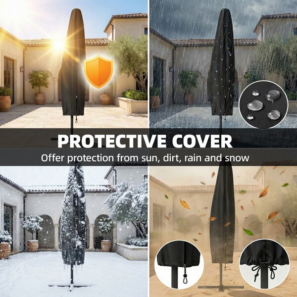 Outsunny 3 x 3 m Garden Cantilever Parasol with Light, Cover, Overhanging Umbrella w/ Wind Protection, 360° Rotation, Khaki