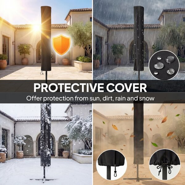 Outsunny 2.6 m Garden Parasol Umbrella with LED Solar Light, Parasol Cover, Outdoor Market Patio Umbrella, Light Grey