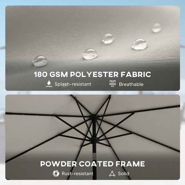 Outsunny 2.6 m Garden Parasol Umbrella with LED Solar Light, Parasol Cover, Outdoor Market Patio Umbrella, Light Grey