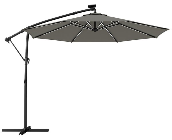 Outsunny 3 m Garden Cantilever Parasol with LED Solar Light, Round Overhanging Umbrella with 360° Rotation, Cover, Grey