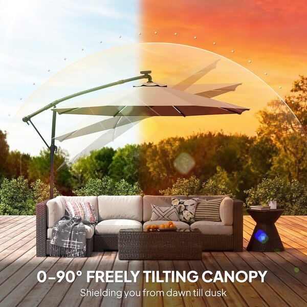 Outsunny 3 m Garden Cantilever Parasol with LED Solar Light, Round Overhanging Umbrella with 360° Rotation, Cover, Grey